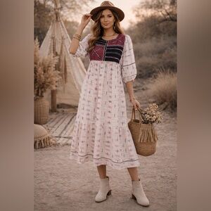 Vintage Bohemian Indus Embroidery Midi Dress